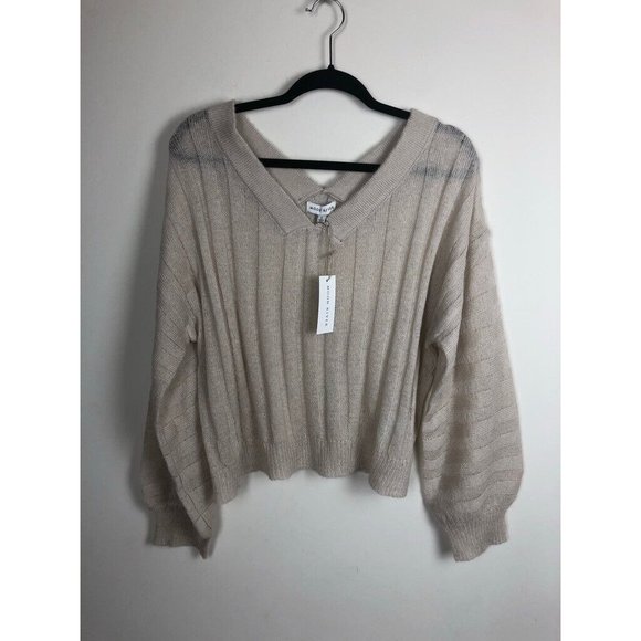 Moon River Womens Knit Top Sweater Beige Textured V Neck Ribbed Pullover L‎ NWT - Picture 1 of 8